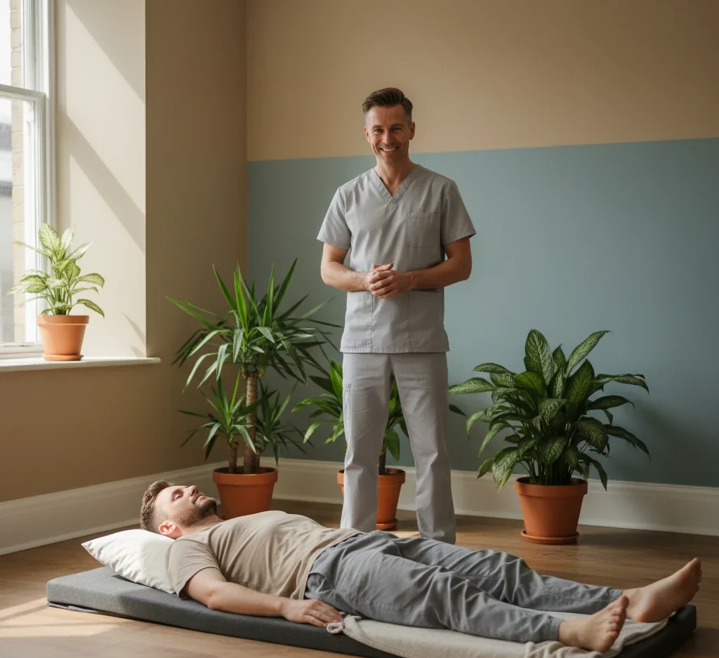 Massage studio in Crystal Palace set up for Thai Yoga Massage with mat, towels, and natural lighting.