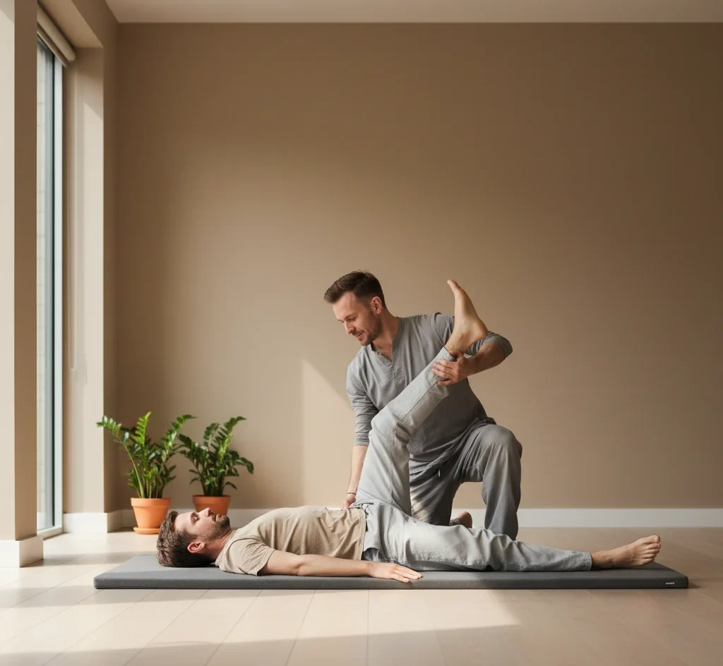 Thai Yoga Massage session with gentle assisted stretch at Elysia Wellness, Crystal Palace.