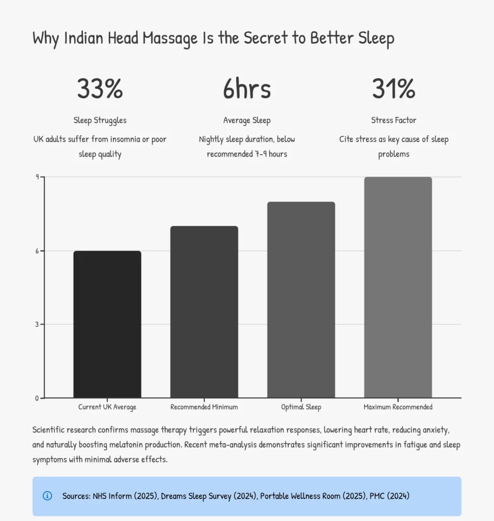 Infographic showing sleep struggles in the UK and how Indian Head Massage supports deeper, restorative sleep.