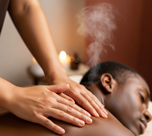 Therapist applying deep tissue massage on upper back to reduce stress.