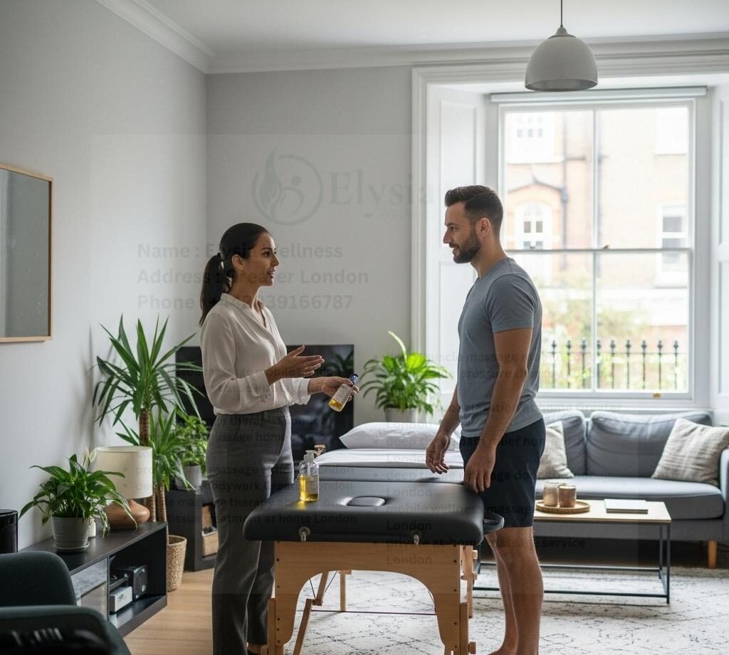 Therapist consulting client before deep tissue massage in London home.