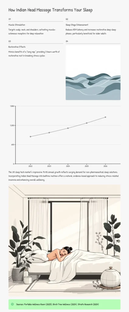 Infographic showing how Indian Head Massage improves sleep with muscle stimulation, restorative effects, and enhanced REM sleep.