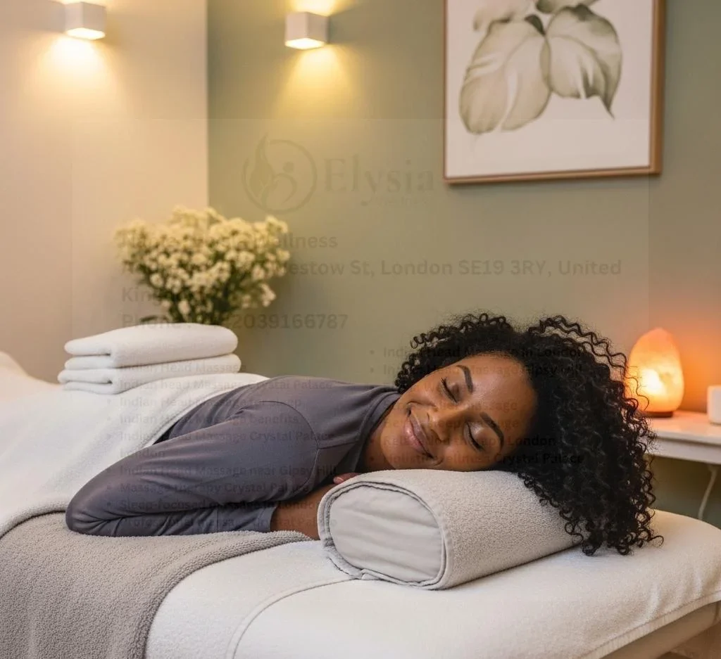 elaxed on a massage bed after Indian Head Massage in London.