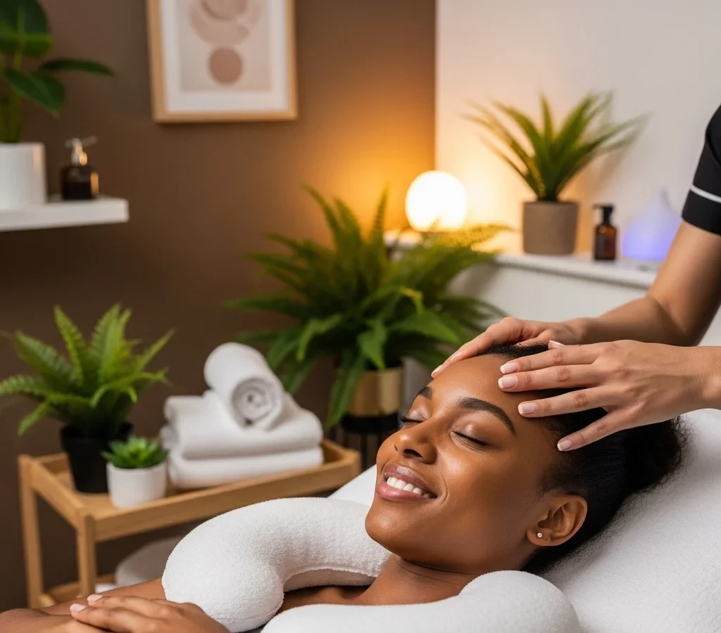 African client smiling and relaxed on massage bed after Indian Head Massage in Crystal Palace