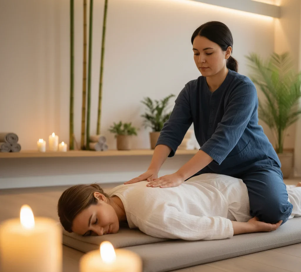 Healing Thai yoga massage London – assisted back stretch
