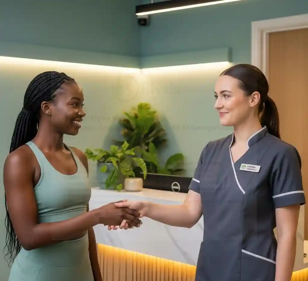 London therapist welcoming African client at Elysia Wellness Croydon massage center.