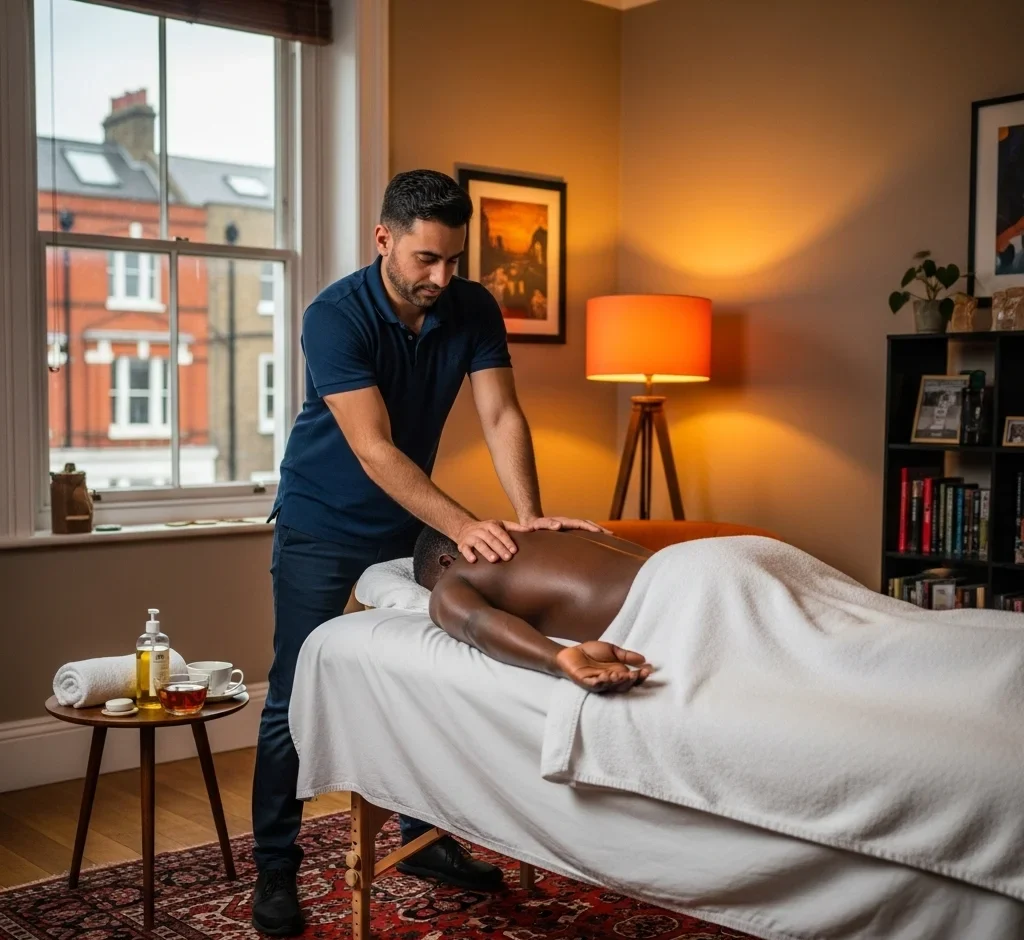 Mobile therapist performing deep tissue massage in London home.