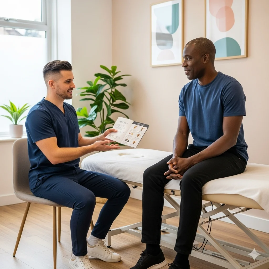 client in consultation with London massage therapist