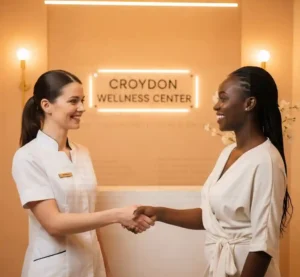 Therapist consulting with client in Croydon wellness center.