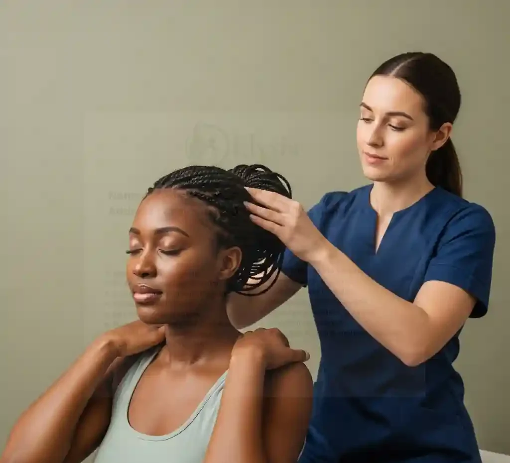African woman receiving Indian relaxing massage from London therapist in Croydon.