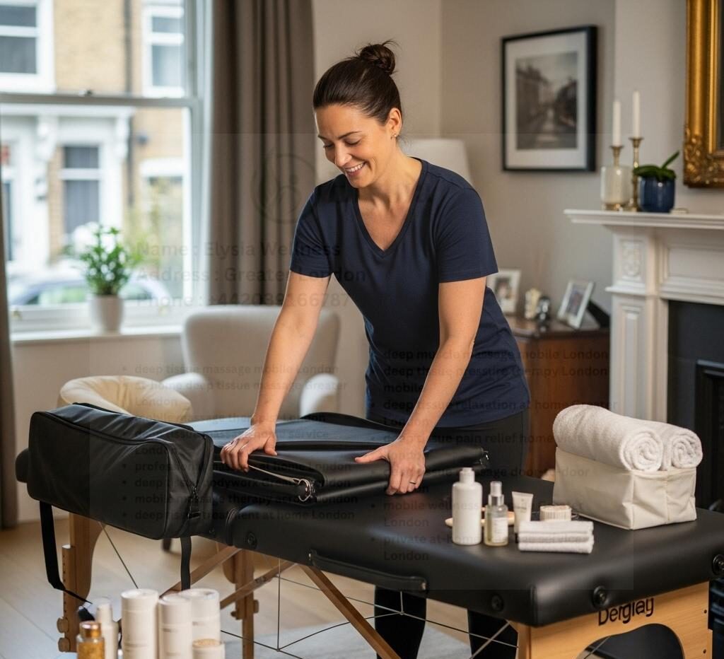 Therapist finishing deep tissue massage session in London client’s home.