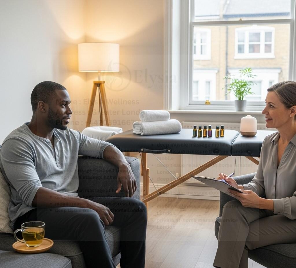 Client consulting therapist about deep tissue massage at home in London.