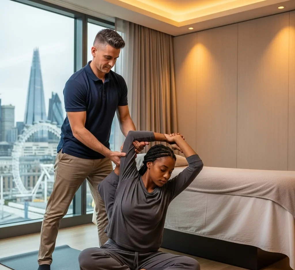 Therapist performing Thai yoga massage at home in London.
