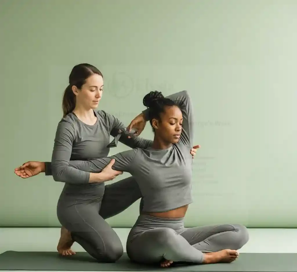 London therapist guiding African client in Thai yoga massage stretch in Croydon.