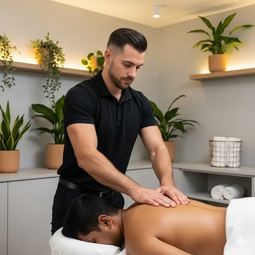 Male client with brown skin tone resting on a massage table after deep tissue massage in Crystal Palace.