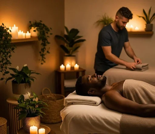 Male therapist in Crystal Palace applying deep tissue massage to a client’s back in a calming wellness studio.