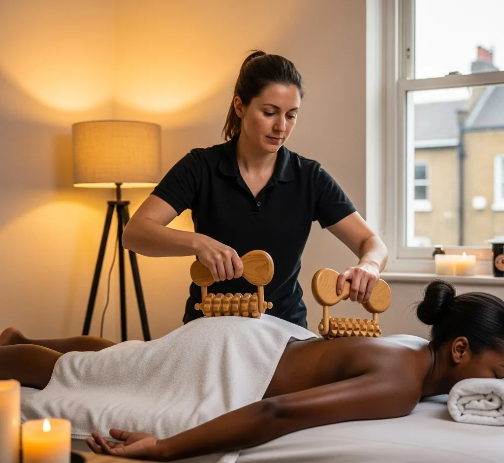 Massage therapist performing Brazilian wood therapy at home.