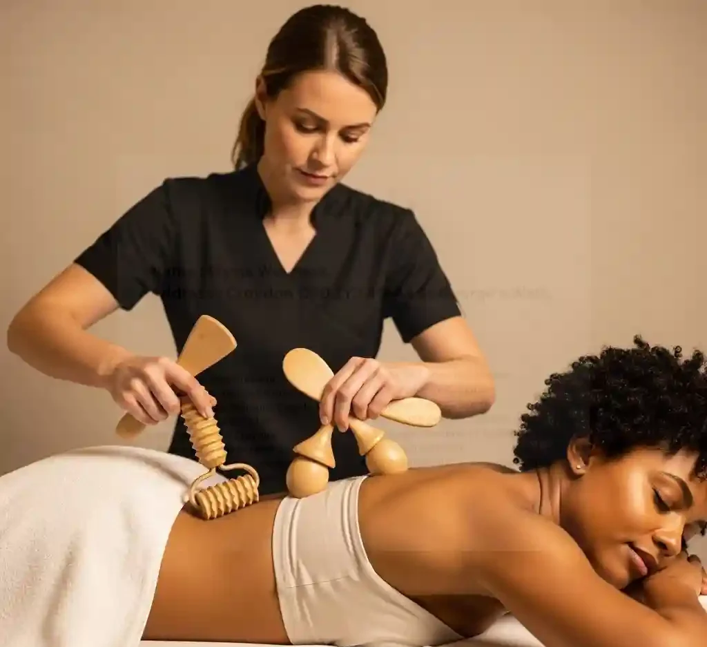 Therapist using wooden massage tools for Brazilian wood therapy in Croydon spa.