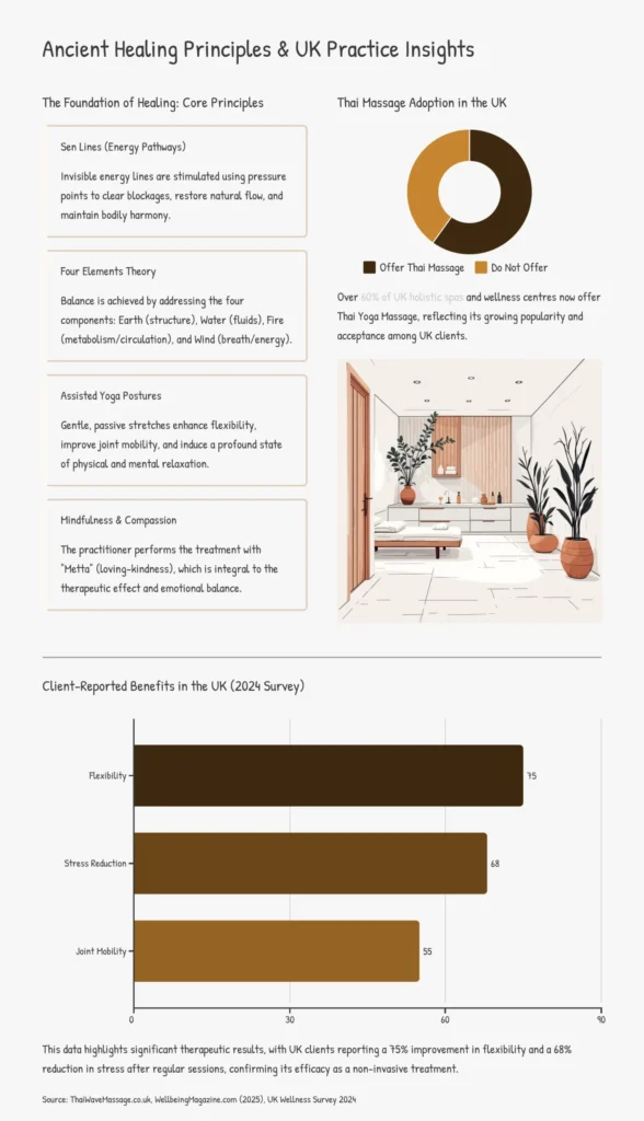 Male client receiving Thai Yoga Massage Crystal Palace from a London therapist in a calm wellness studio at Elysia Wellness.