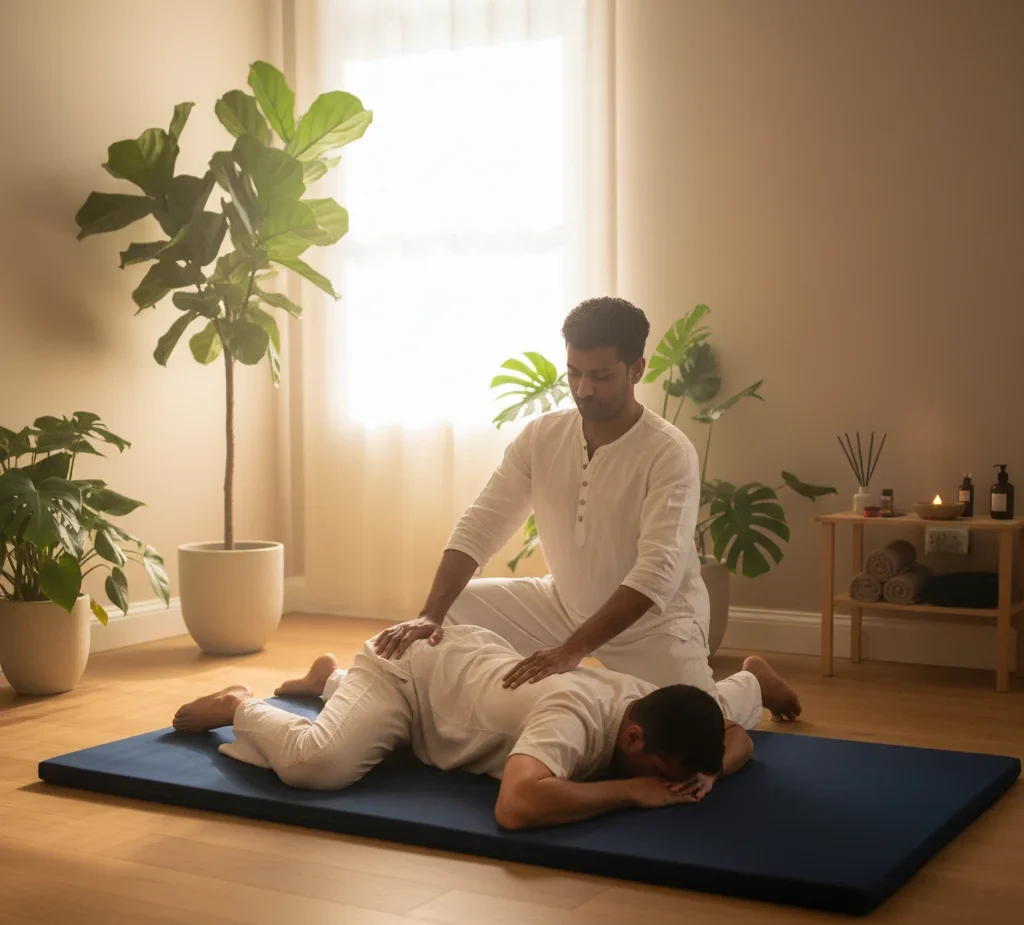 Male therapist in Crystal Palace guiding Thai Yoga Massage for male client.