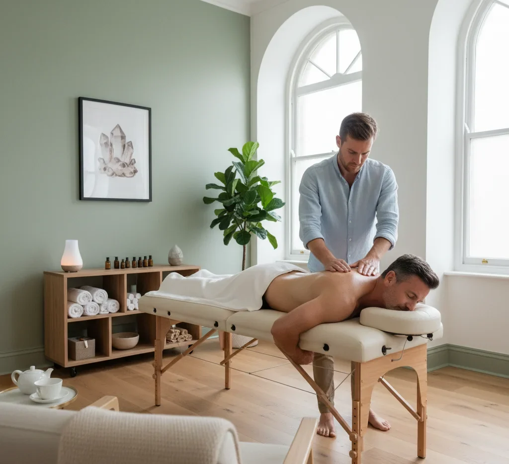 Male massage therapist Crystal Palace performing deep tissue massage on male client.