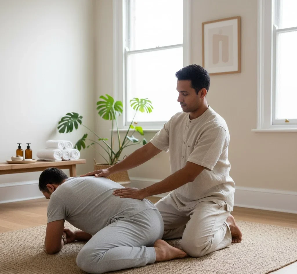 Thai Yoga Massage Crystal Palace session with a London male therapist at Elysia Wellness promoting balance and relaxation.