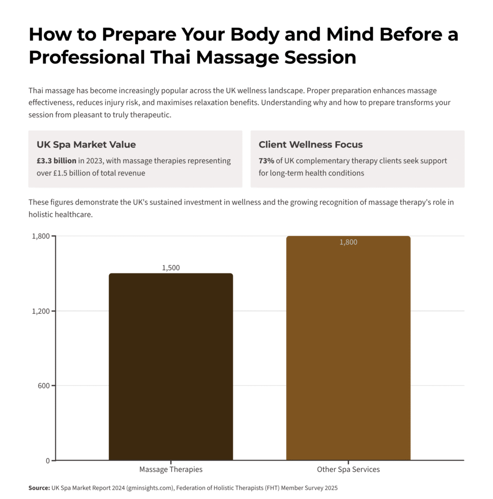 Thai massage therapist stretching client’s leg during session, both fully clothed, no faces shown, peaceful studio setting.