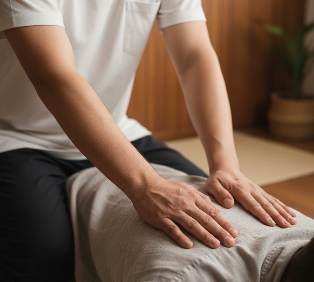 Detailed view of Thai Therapy Massage compression technique on fully clothed client