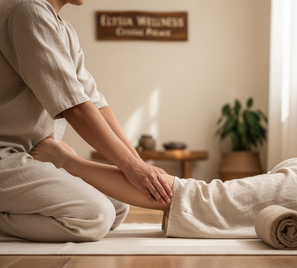 Close-up of therapist applying Thai massage on client’s back, both clothed, calm spa interior at Elysia Wellness Crystal Palace.