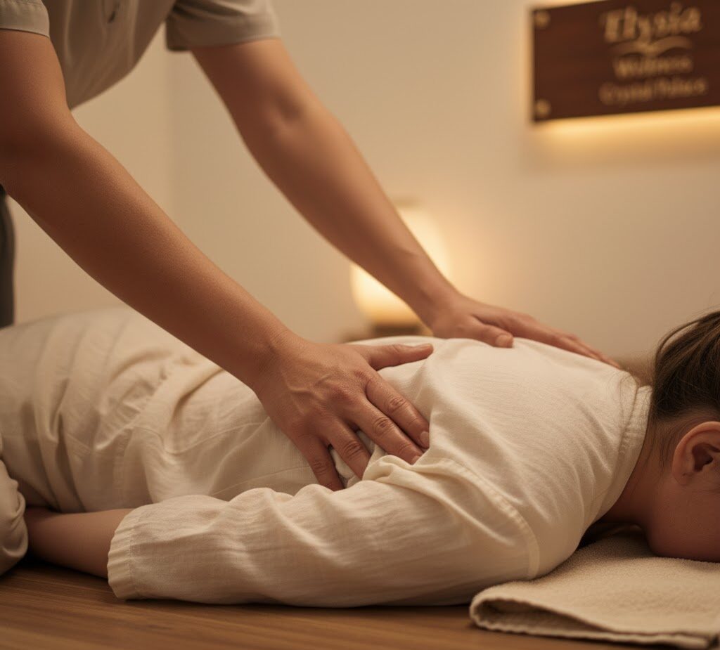 Close-up of hands pressing energy lines on client’s shoulder during Thai massage session in Crystal Palace.