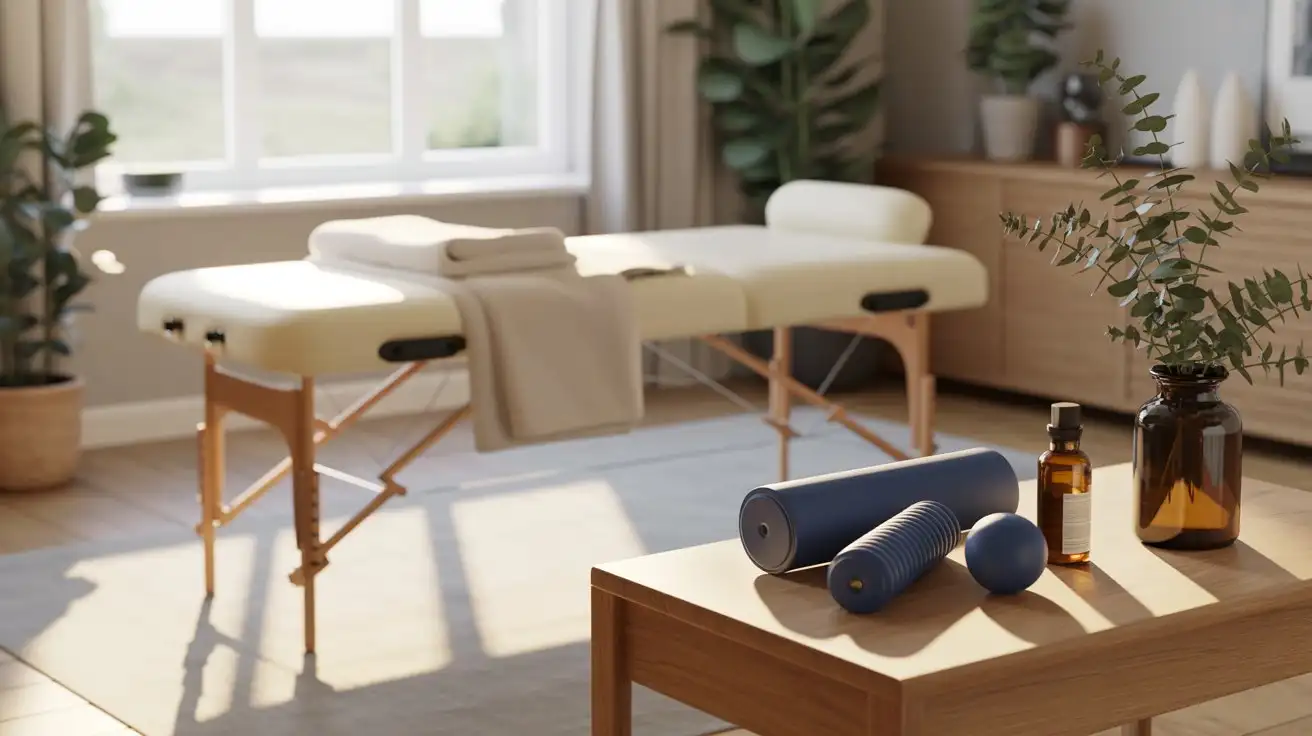 home wellness setup showing tools and environment for safe deep tissue massage at home in crystal palace London