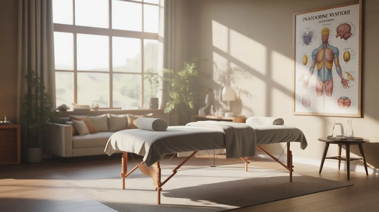 Full body massage therapy room with endocrine system chart illustrating cortisol reduction and hormone balance