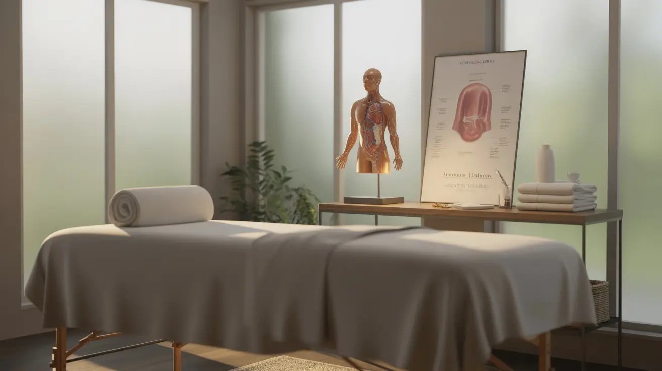 Bright massage therapy room with lymphatic system model representing how full body massage supports immune function naturally