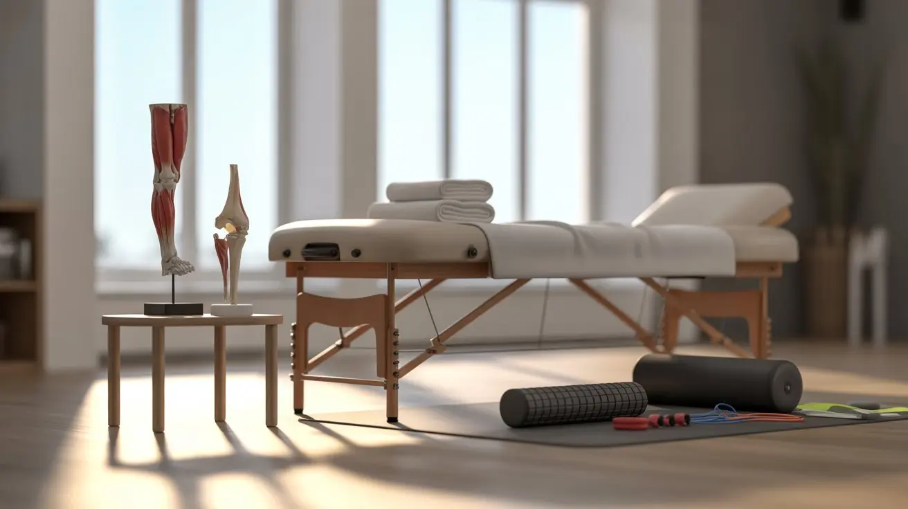 Sports therapy room with massage table and anatomical joint models illustrating flexibility and joint mobility in athletes