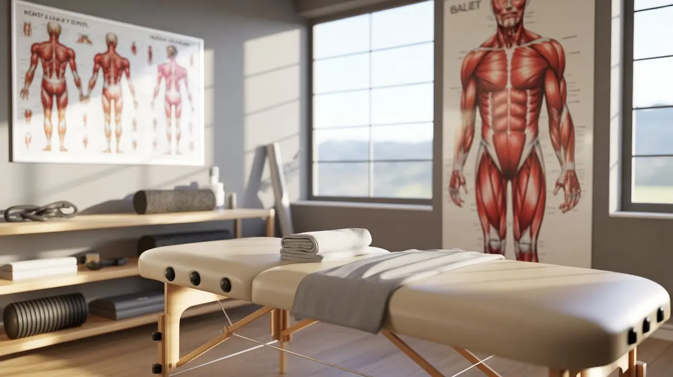 Sports massage therapy room with treatment table and muscle anatomy chart illustrating recovery after high intensity training