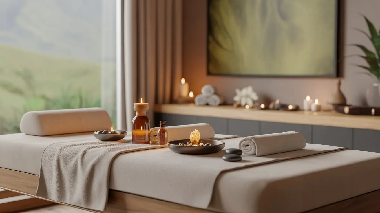 Indian relaxing massage therapy room for deep muscular and emotional relaxation with Ayurvedic wellness setup