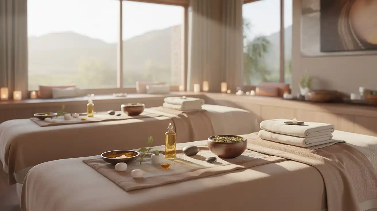 Indian relaxing massage therapy room for balanced energy flow and Ayurvedic wellness treatment