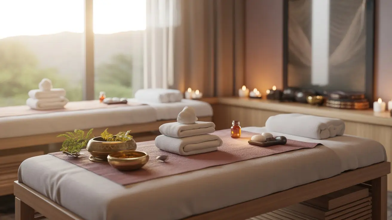 Indian relaxing massage therapy room for mind-body awareness and Ayurvedic wellness relaxation